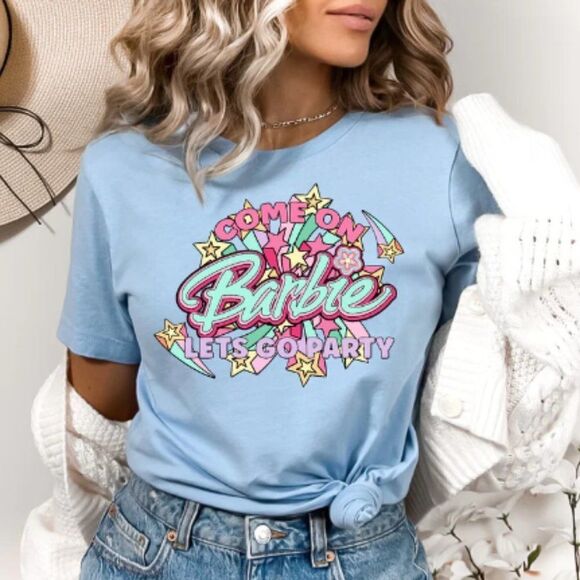 Come On Barbie Lets go Party NEW light blue short sleeve shirt - Picture 1 of 3